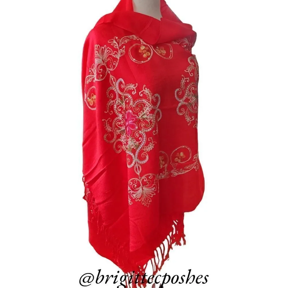 HANDMADE Embroidered Sequined Designed Red Shawl